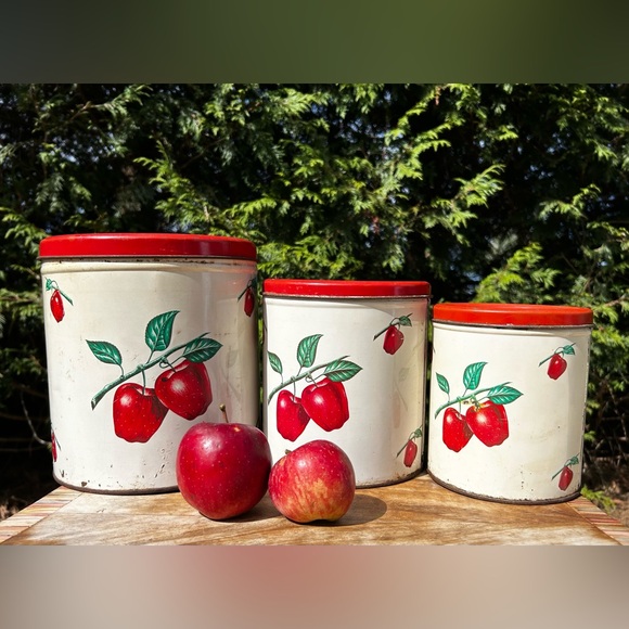 Vintage Decoware Canister Set in Red Apple Design / Set of 3 Decoware Red Canist - Picture 1 of 11
